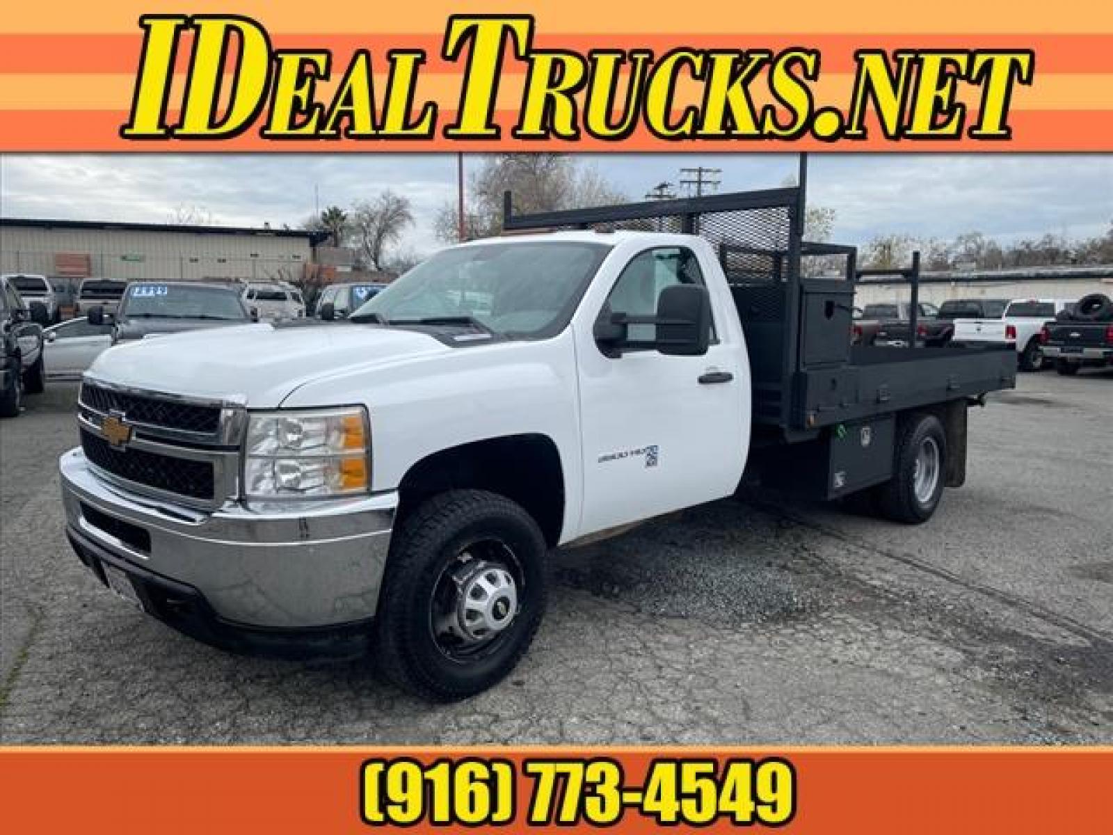 2013 Summit White Chevrolet Silverado 3500HD Work Truck (1GB3CZC84DF) with an 6.6L Duramax 6.6L Diesel Turbo V8 397hp 765ft. lbs. Common Rail Direct Injection engine, Allison 1000 6-Speed Shiftable Automatic transmission, located at 800 Riverside Ave, Roseville, CA, 95678, (916) 773-4549, 38.732265, -121.291039 - DURAMAX DIESEL DUALLY FLATBED ALLISON TRANSMISSION ONE SERVICE RECORDS ONE OWNER - Photo #0
