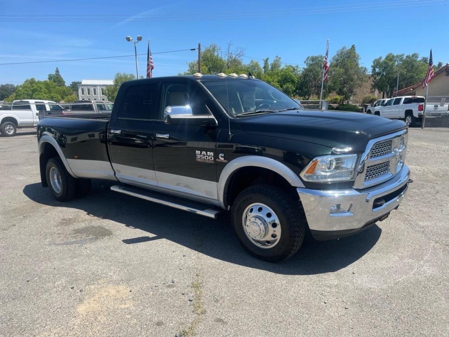 2015 Black Forest Green Pearl Coat/Bright Silver Metall RAM 3500 Laramie (3C63RRJL4FG) with an 6.7L Cummins 6.7L Diesel Turbo I6 350hp 660ft. lbs. Common Rail Direct Injection engine, Automatic transmission, located at 800 Riverside Ave, Roseville, CA, 95678, (916) 773-4549, 38.732265, -121.291039 - CUMMINS DIESEL CREW CAB DUALLY 4X4 LARAMIE - Photo#1