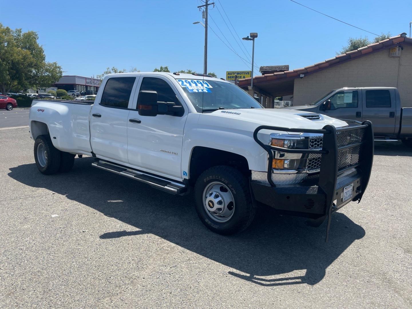 2019 Summit White Chevrolet Silverado 3500HD Work Truck (1GC4KVCY0KF) with an 6.6L Duramax 6.6L Biodiesel Turbo V8 445hp 910ft. lbs. Common Rail Direct Injection engine, Allison 1000 6-Speed Shiftable Automatic transmission, located at 800 Riverside Ave, Roseville, CA, 95678, (916) 773-4549, 38.732265, -121.291039 - DURAMAX DIESEL CREW CAB DUALLY 4X4 DIESEL ALLISON TRANSMISSION SERVICE RECORDS ON CLEAN CARFAX- Photo#1